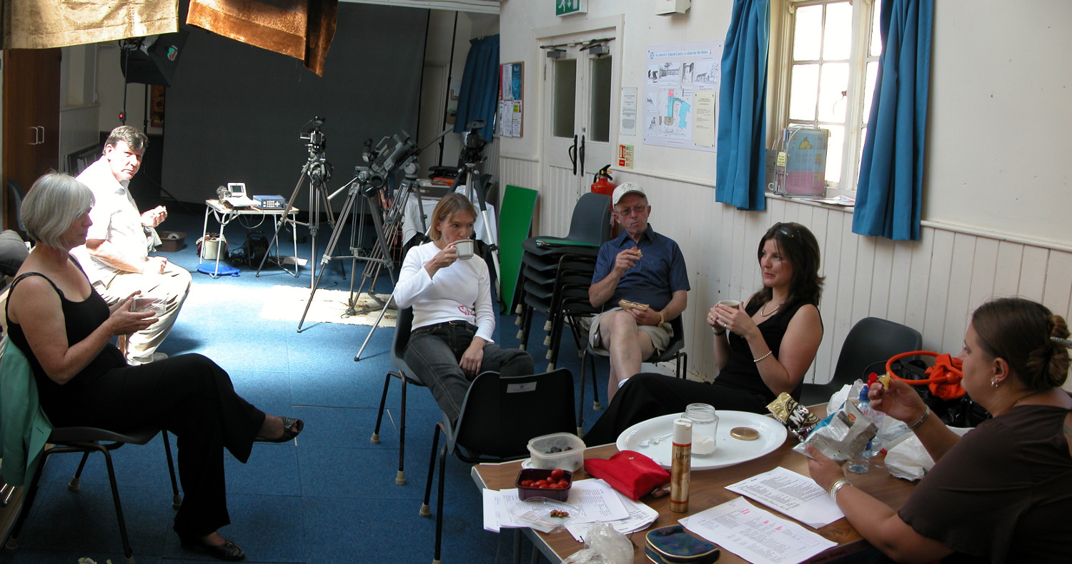  03. Clare, Roger, Tess, Peter, Louise, and Sarah pausing for lunch