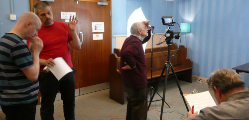 Roger,  Oli David and Jonathan preparing to film a script